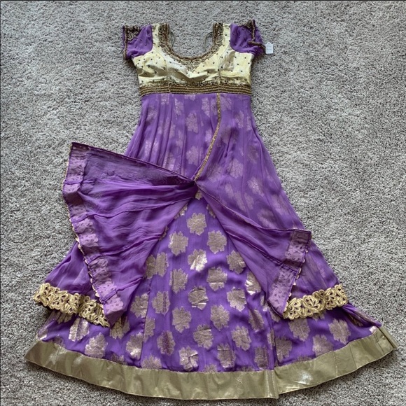 Lavender/Gold Embroidered Tiered Anarkali Dress - Picture 2 of 8